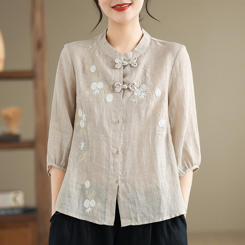 Chinese Button Knots Embroidered Women's Three-quarter Sleeve Cotton And Linen Top - Image 7