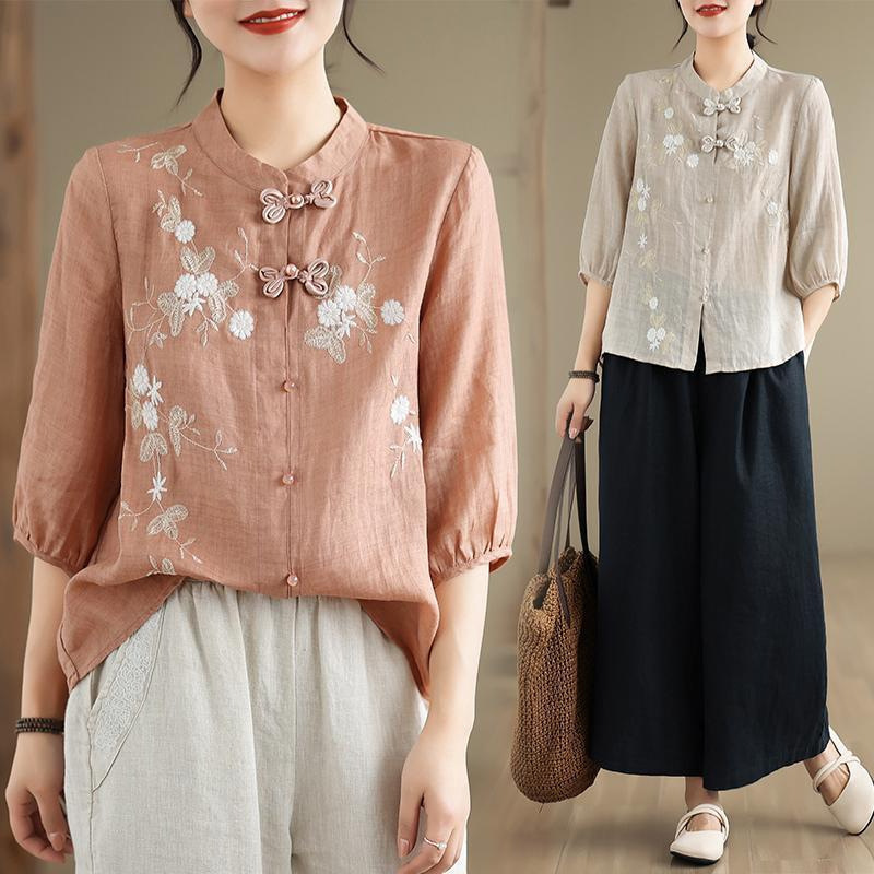 Chinese Button Knots Embroidered Women's Three-quarter Sleeve Cotton And Linen Top - Image 6