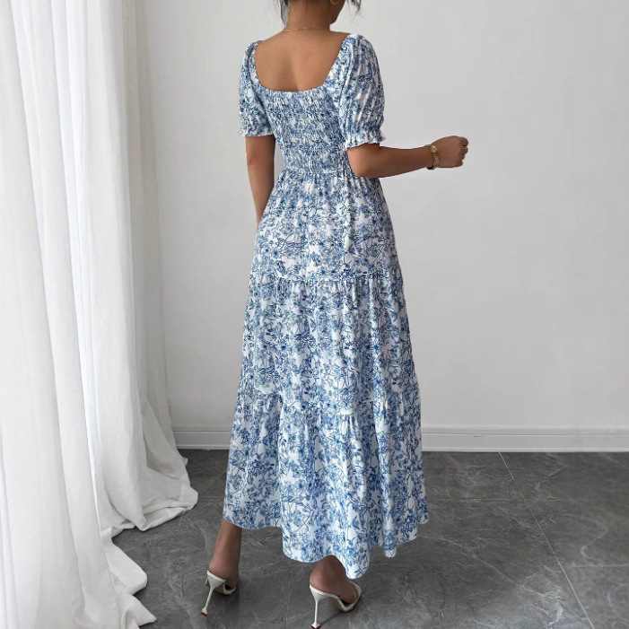 Elegant Idle Style Printed Square Collar Loose Long Puff Sleeve Dress - Image 4