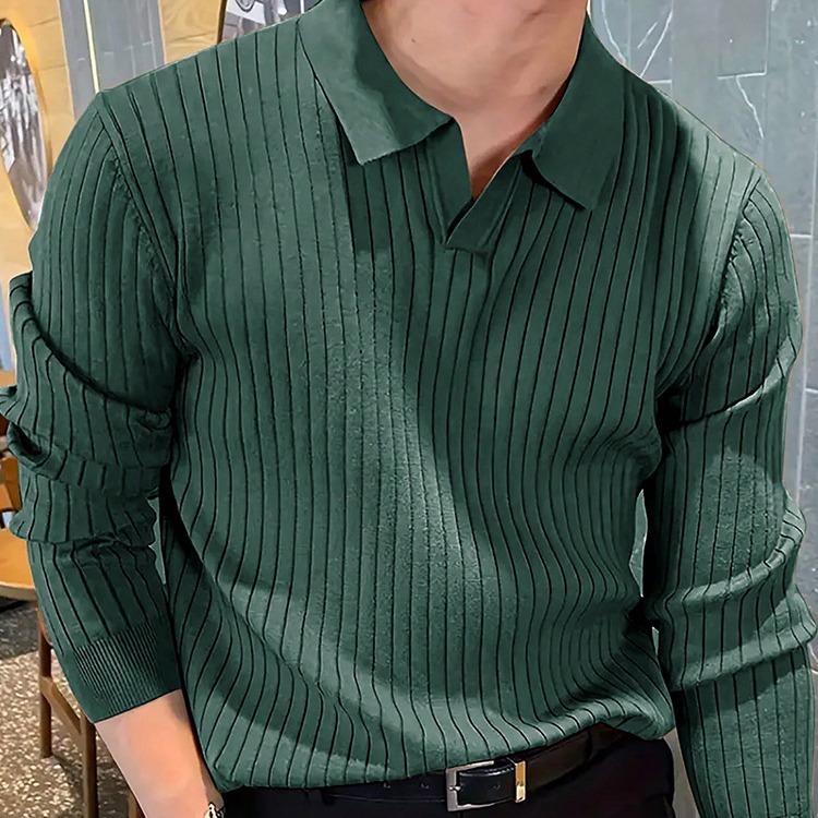 Lapel Texture Stretch Slim Knit Polo Shirt Men Polo Shirt Fashion Waffle Long-sleeved Tops Clothing Casual Comfortable Golf Men's Clothing - Image 4