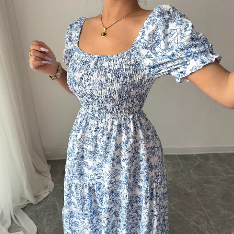 Elegant Idle Style Printed Square Collar Loose Long Puff Sleeve Dress - Image 5