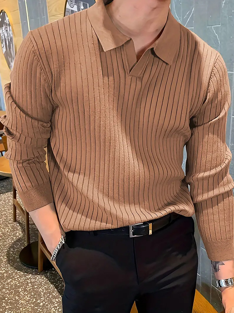 Lapel Texture Stretch Slim Knit Polo Shirt Men Polo Shirt Fashion Waffle Long-sleeved Tops Clothing Casual Comfortable Golf Men's Clothing - Image 10