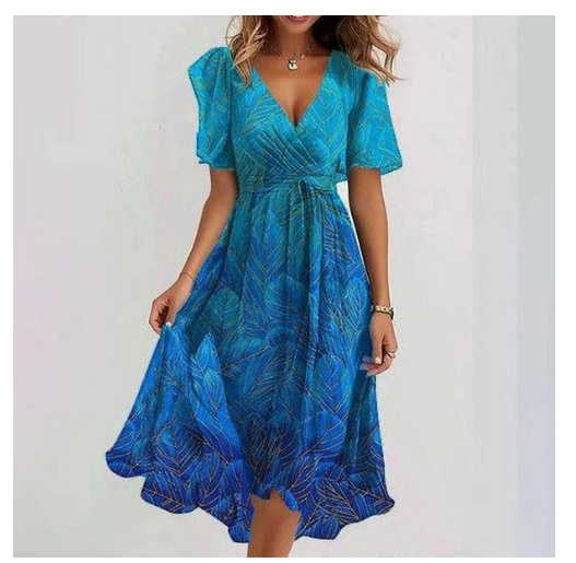 Chiffon Printed Short Sleeve Dress Summer Elegant V-neck Dresses Womens Clothing - Image 3