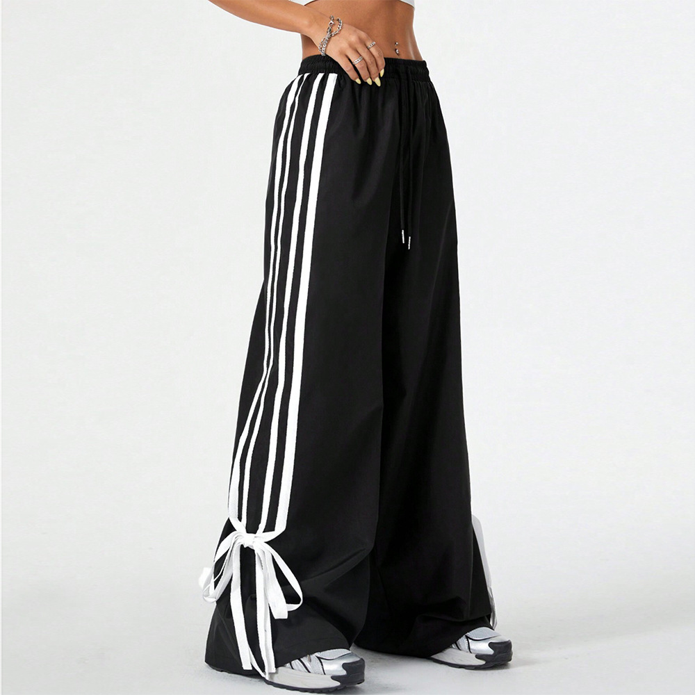High Waist Wide Leg Pants Women's Spring Summer New Style Three Bars Drawstring Cuffed Straight Casual Extended Sports Trousers - Image 7