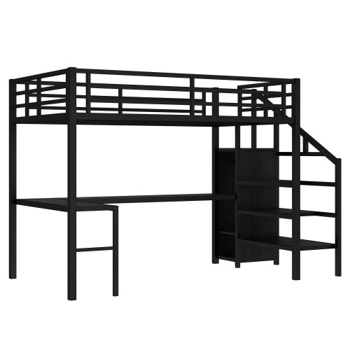 Full Size Loft Bed With L-shaped Desk And USB, Metal Loft Bed With Wardrobe And Adjustable Shelf, High Loft Bed With LED For Kids Teens Adults, Black - Image 10
